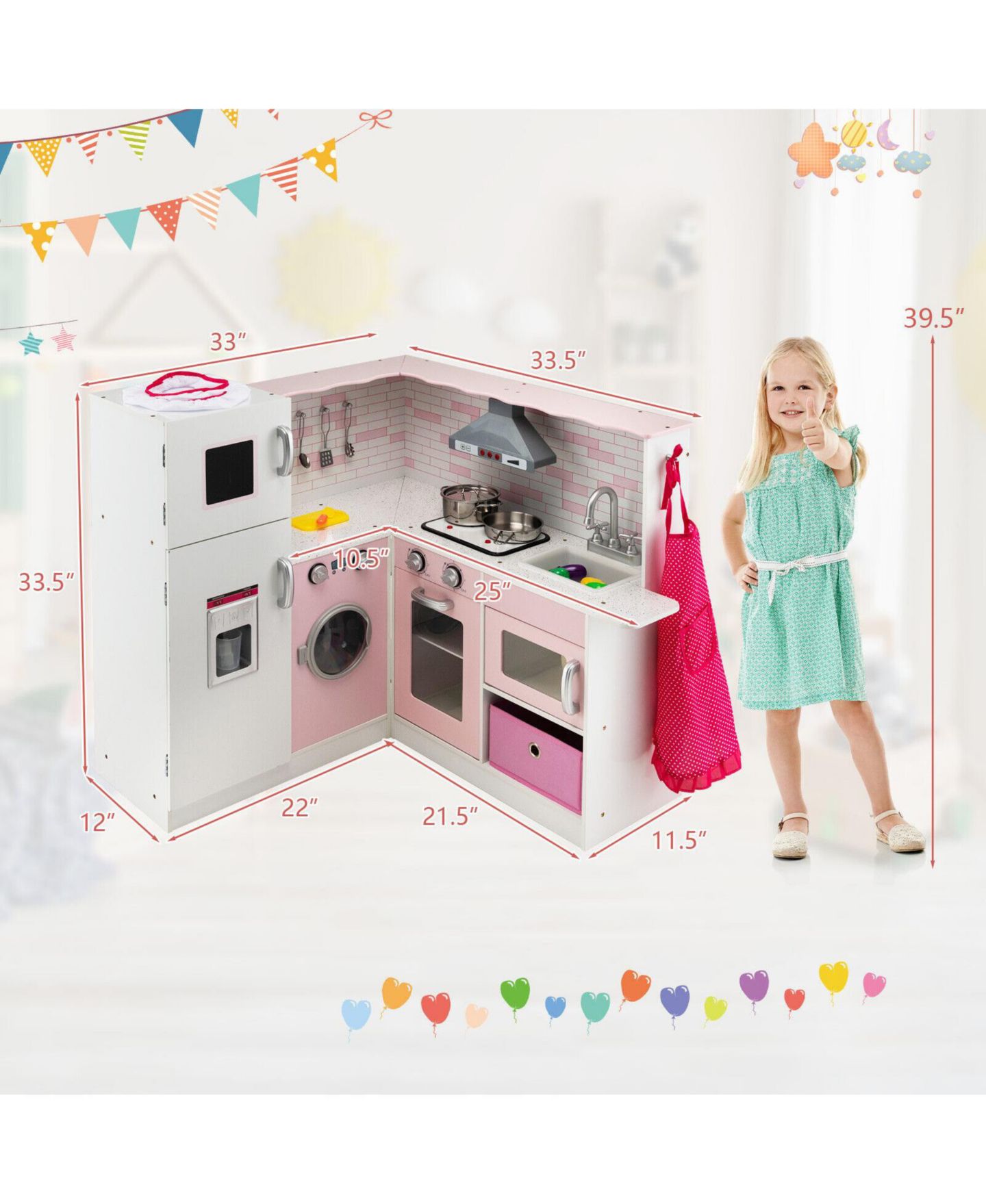 Детские игрушки Mecale Corner Play Kitchen Wooden Toy Set with Sound and Light, цвет: Розовый — фото 2