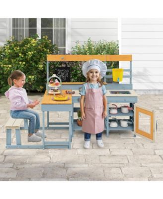Fir Wood Play Kitchen with Kids Picnic Table and Built-in Bench