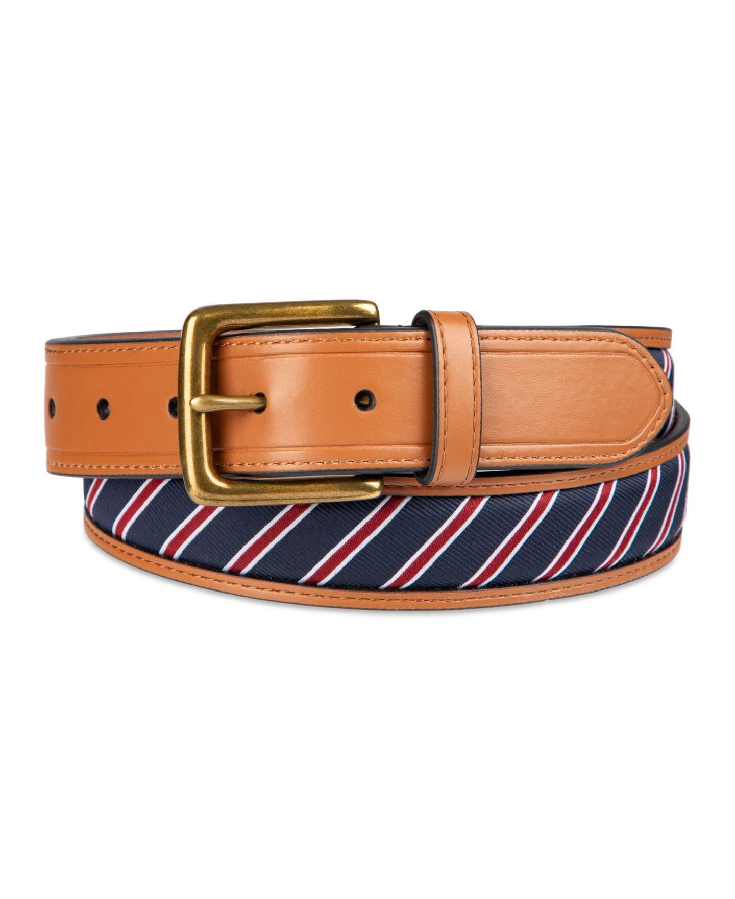 Мужской ремень Tommy Hilfiger Prep Striped Ribbon Inlay Casual Belt, цвет: Тёмный рыжевато-коричневый — фото 1