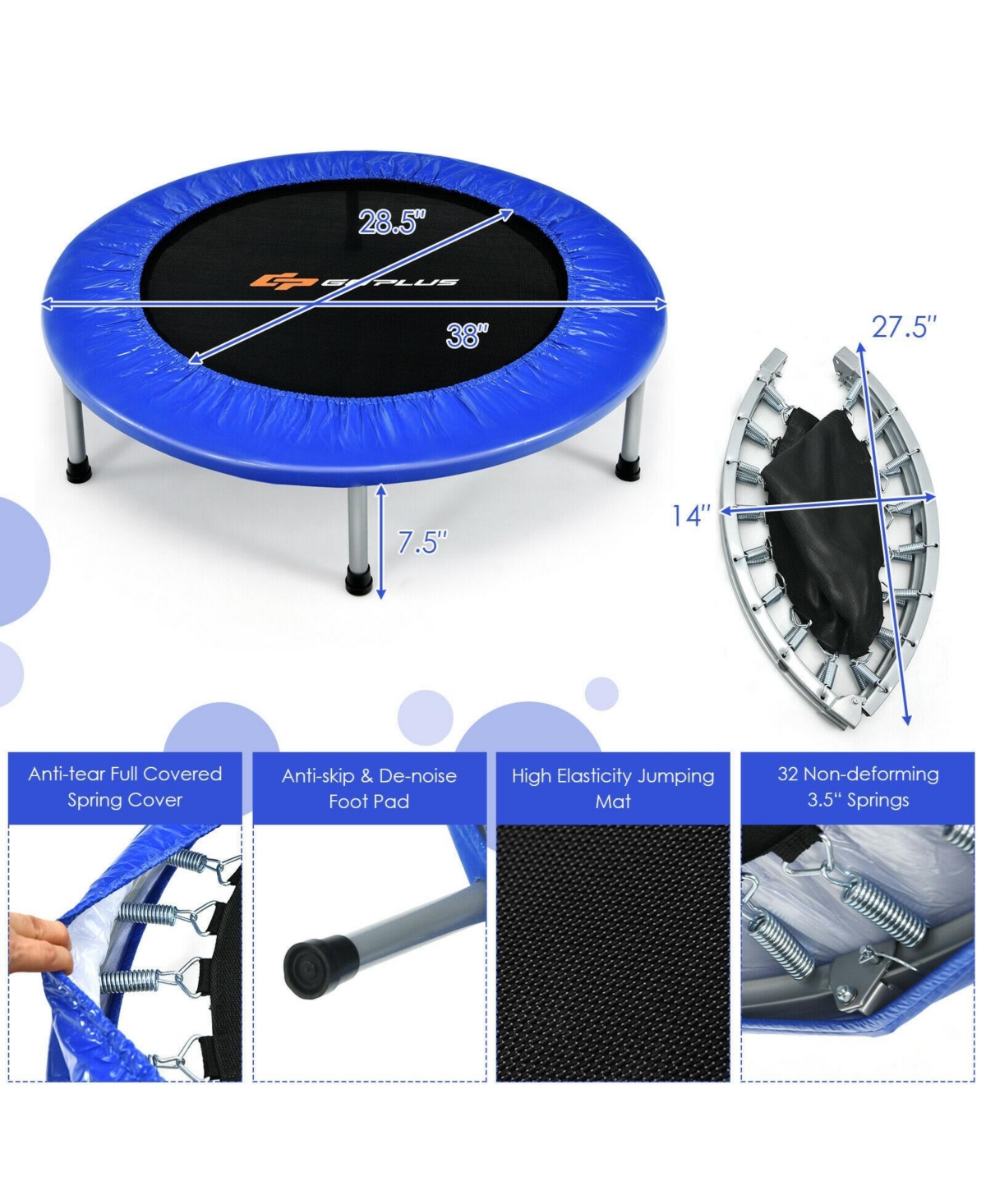 38 Inch Mini Folding Trampoline Portable Recreational Fitness Rebounder