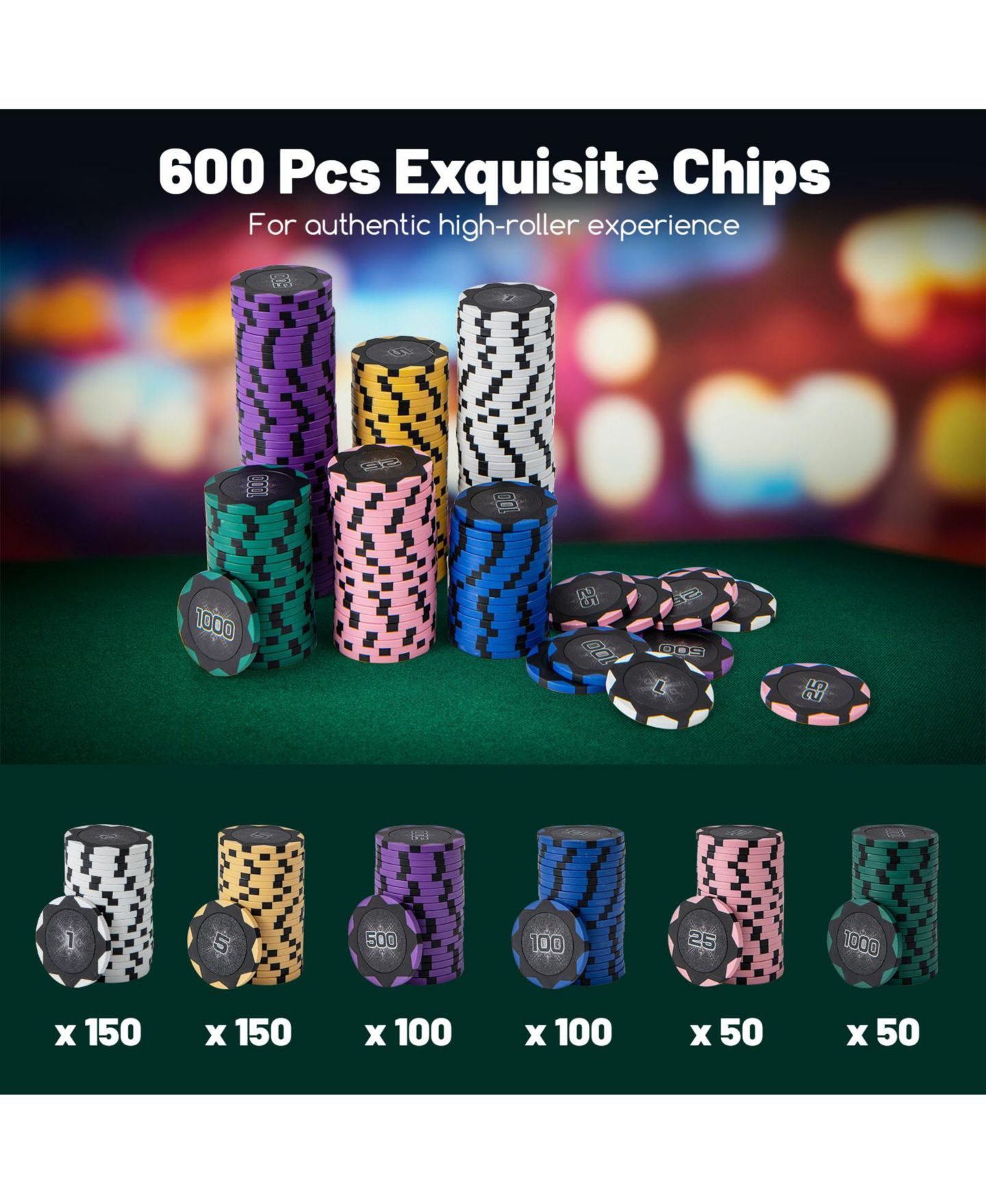 Детские игрушки Mecale 600-Piece Poker Chip Set 14 Gram Claytec Chips with Carrying Case, цвет: Зелёный — фото 8