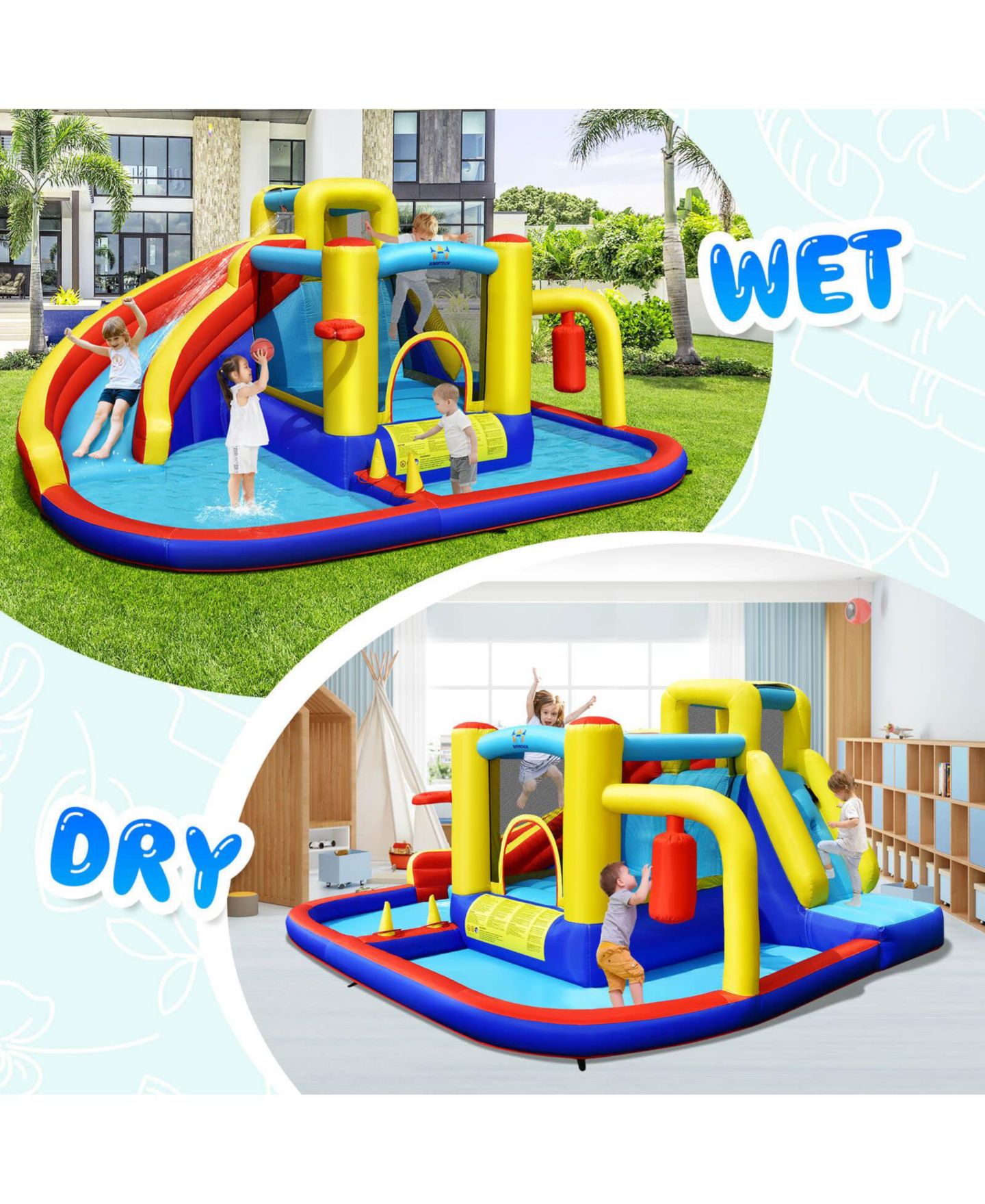 Детская игрушка Mecale 7-in-1 Inflatable Water Slide with 735W Air Blower, Splash Pool, Ages 3+, цвет: Синий — фото 10