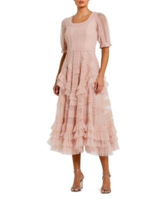 Women's Short Sleeve Mesh Mirco Ruffle Midi Dress