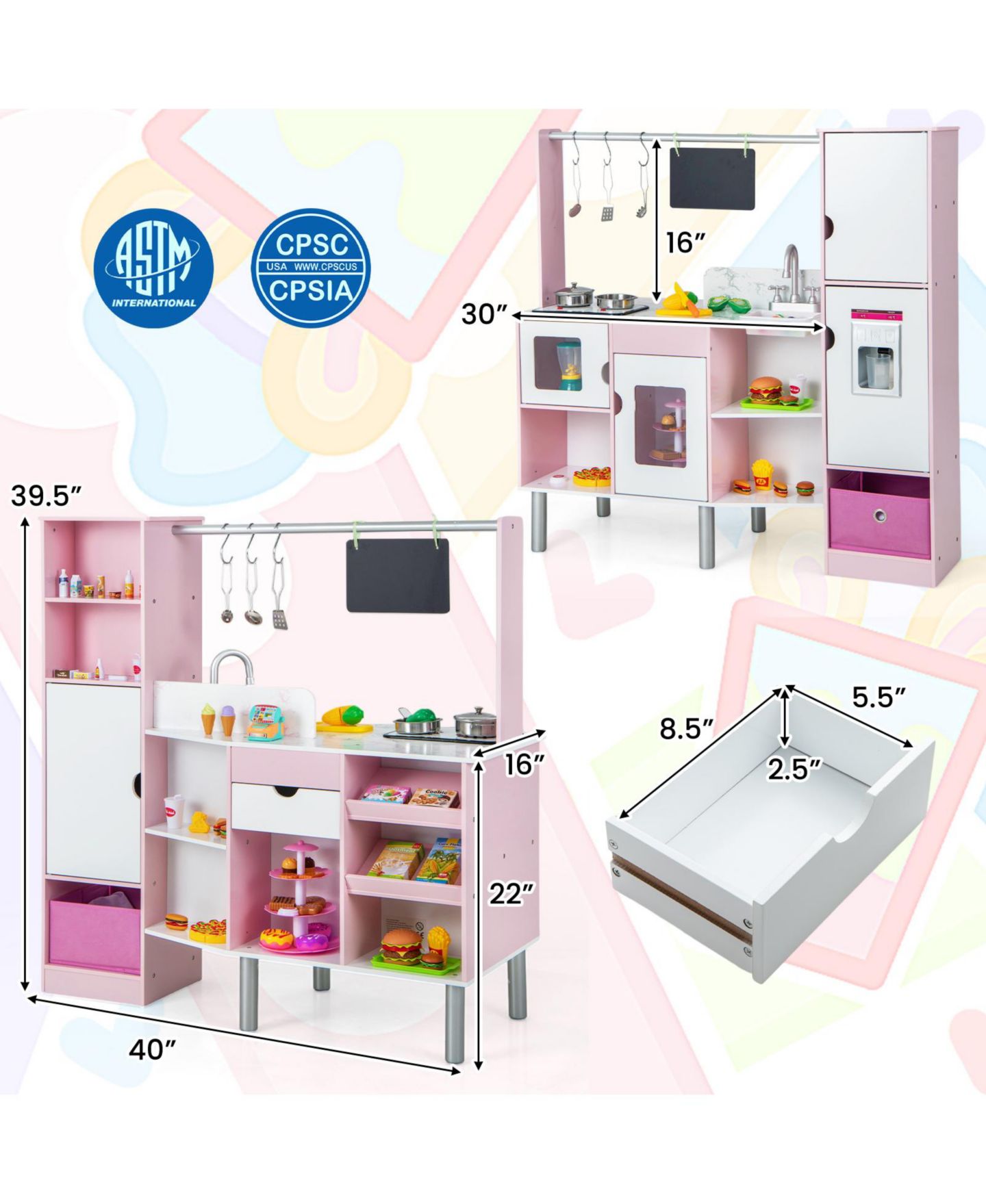 Детская игрушка Mecale 2-in-1 Double-Sided Kitchen and Market with Light and Sound, 82-Piece Playset, Ages 3+, цвет: Розовый — фото 3
