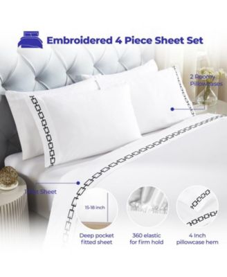 Chain Links Cotton Embroidered Deep Pocket Bed Sheet Set, Queen