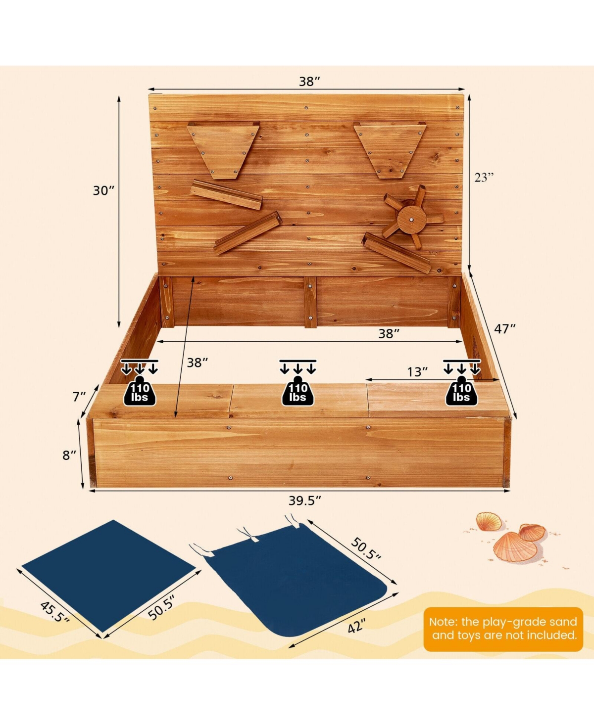 Kids Wooden Square Sandbox with Cover