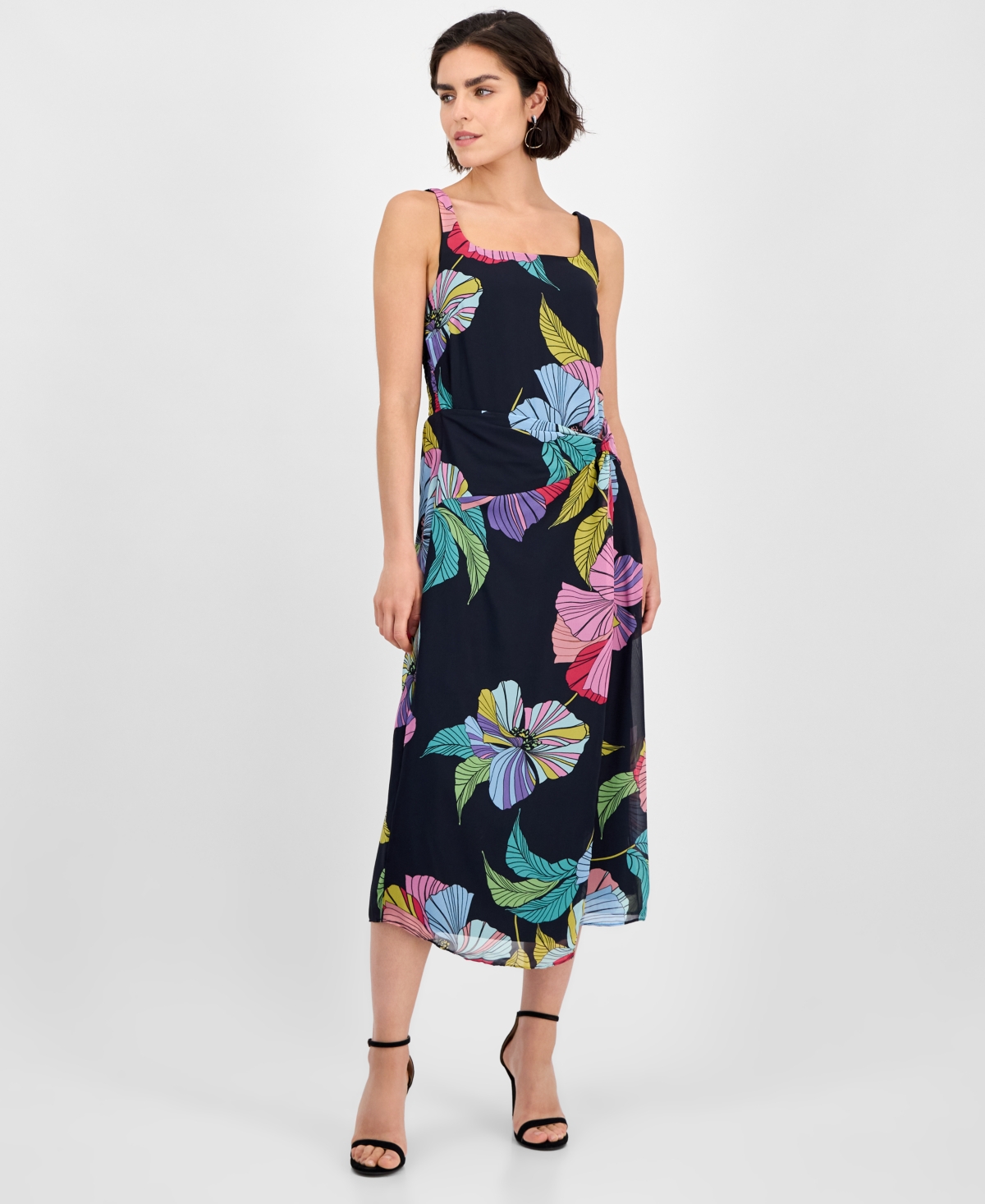 Women's Printed Faux Sarong Midi Dress - Navy Multi