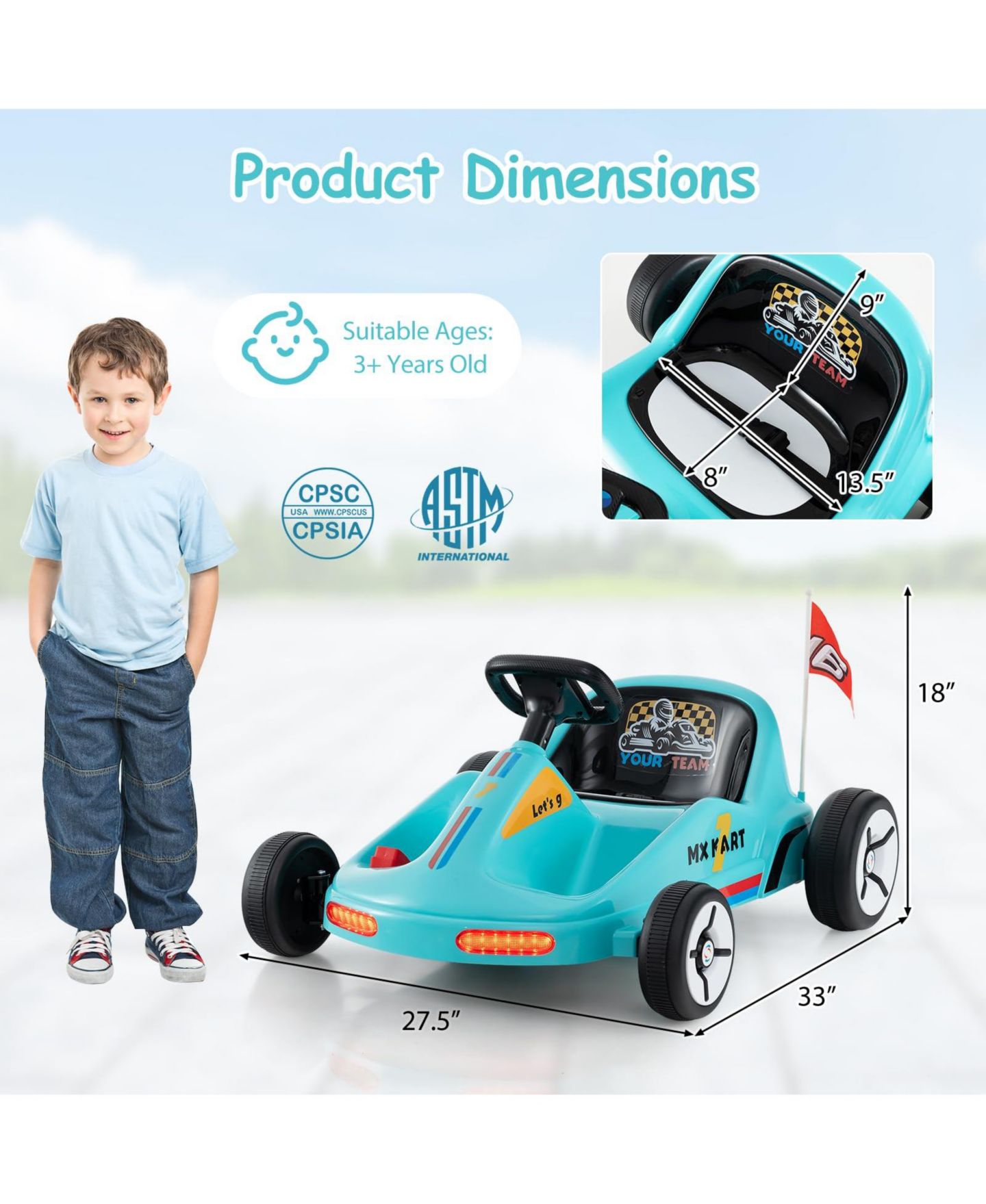 Детская игрушка Mecale Dual-Motor Remote Control 33"L x 27.5"W x 18"H Electric Go Kart, Ages 3+, цвет: Синий — фото 3