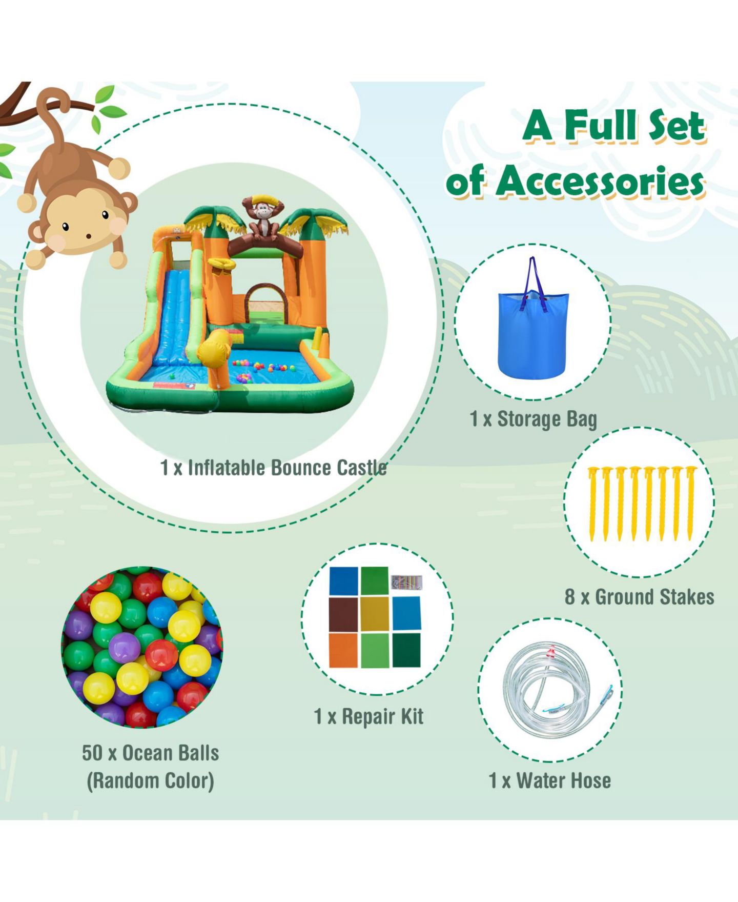Детская игрушка Mecale Monkey-Themed Inflatable Bounce House with Slide without Blower, цвет: Синий — фото 7