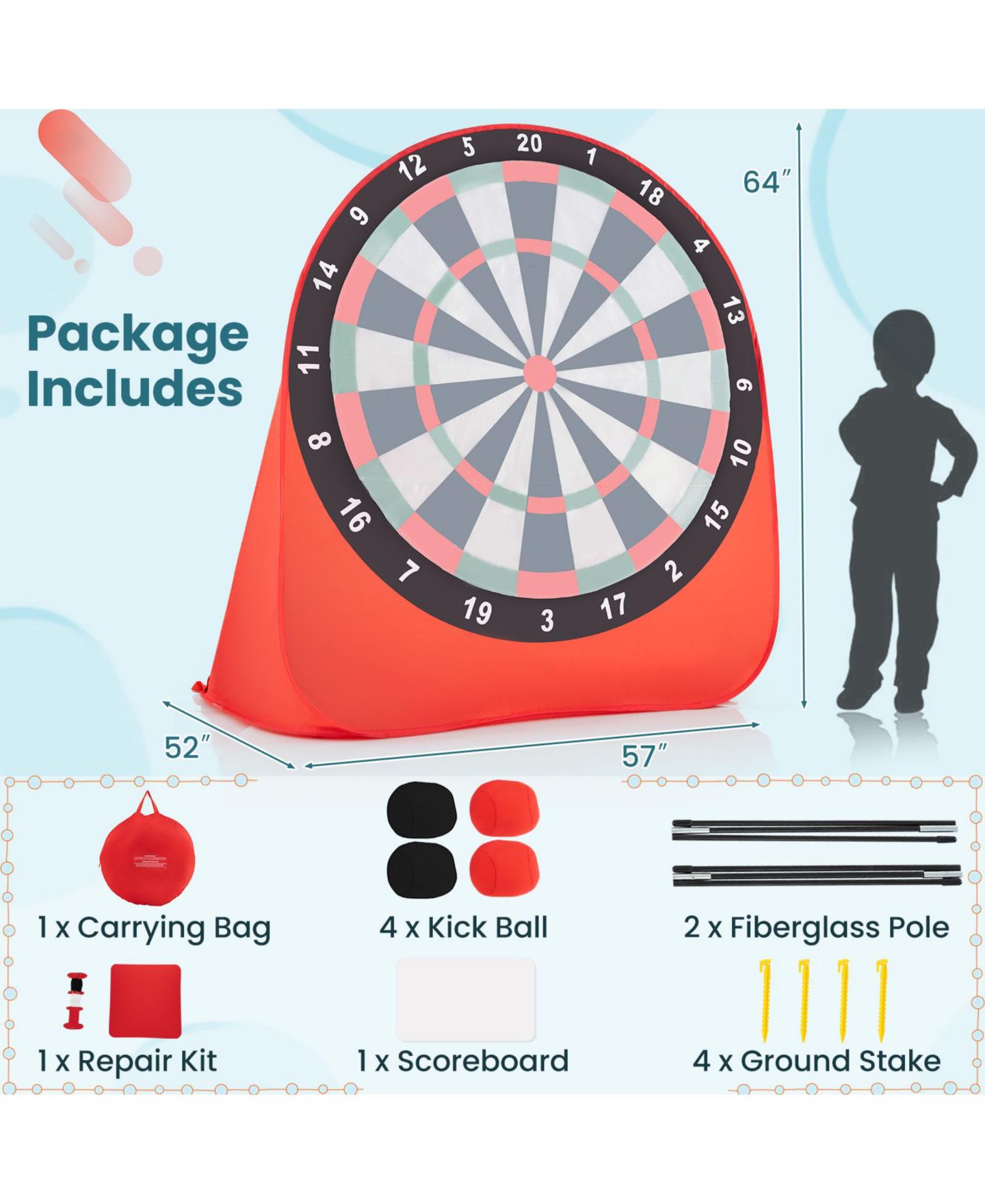 Детская игрушка Mecale Large Soccer Dartboard with 4 Kick Balls, 57"L x 52"W x 64"H, Ages 6+, цвет: Красный — фото 2