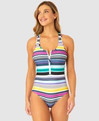 Women's Barcode Stripe Zip-Front Racerback One-Piece Swimsuit