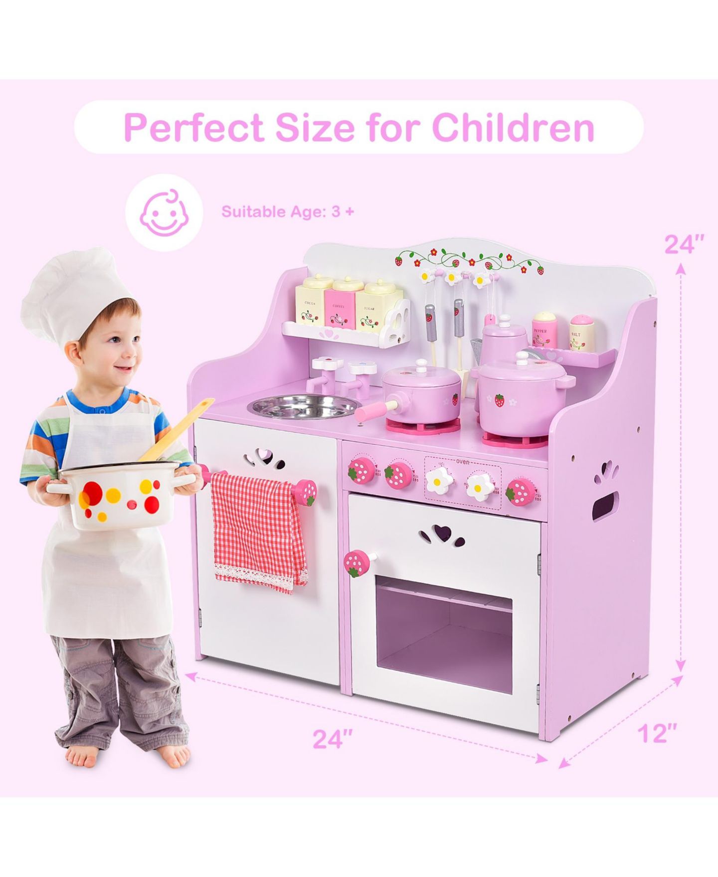 Детский игровой набор Mecale Strawberry Wooden Play Kitchen Playset, Ages 3+, цвет: Розовый — фото 3