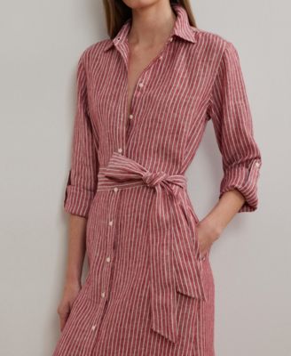 Women's Striped Linen Roll-Tab-Sleeve Shirtdress, 0P-22W
