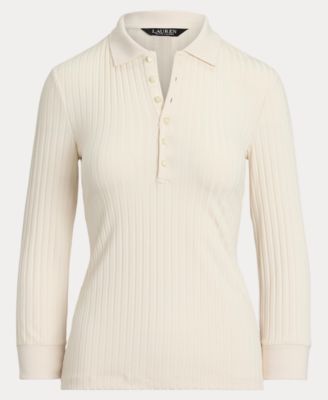 Women's Rib-Knit Three-Quarter-Sleeve Polo Shirt