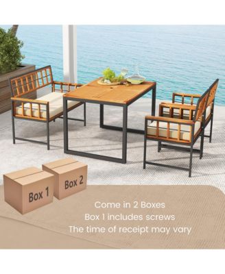 4 PCS Acacia Wood Patio Dining Set w/ 1 Rectangular Table 1 Loveseat & 2 Armchairs