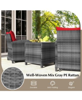 5 Piece Patio Rattan Furniture with 2 Ottomans and Tempered Glass Coffee Table-Red
