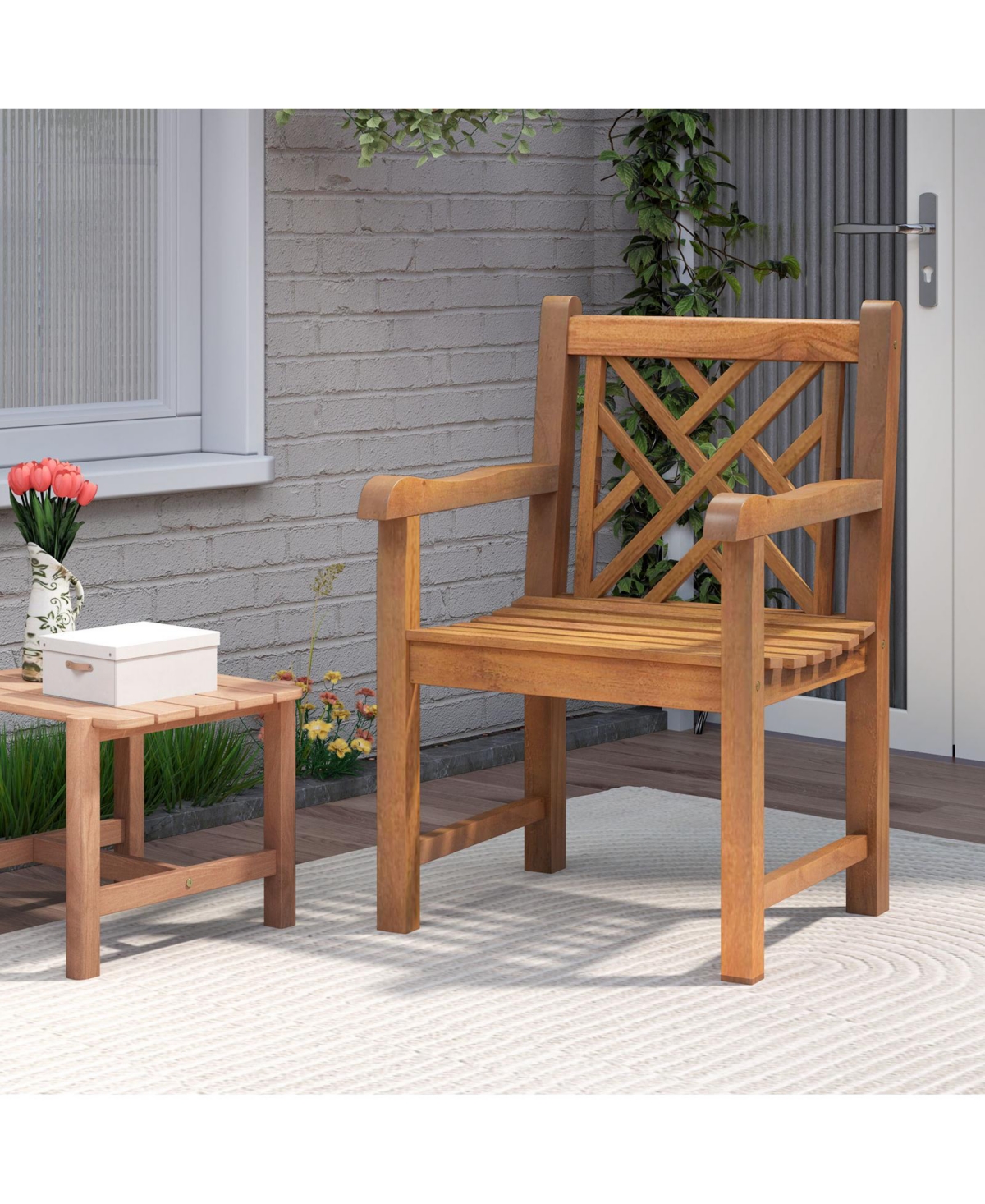 Teak Wood Patio Dining Chair with Slatted Seat Cross-Rhombus Backrest and Solid Legs