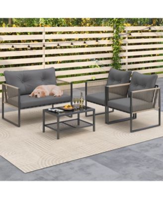 4 Pieces Outdoor PE Rattan Conversation Sofa Set with Cushions