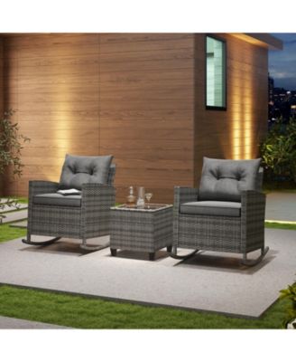 3-Piece Patio Rattan Roker Chairs with Tempered Glass Table and Soft Cushions