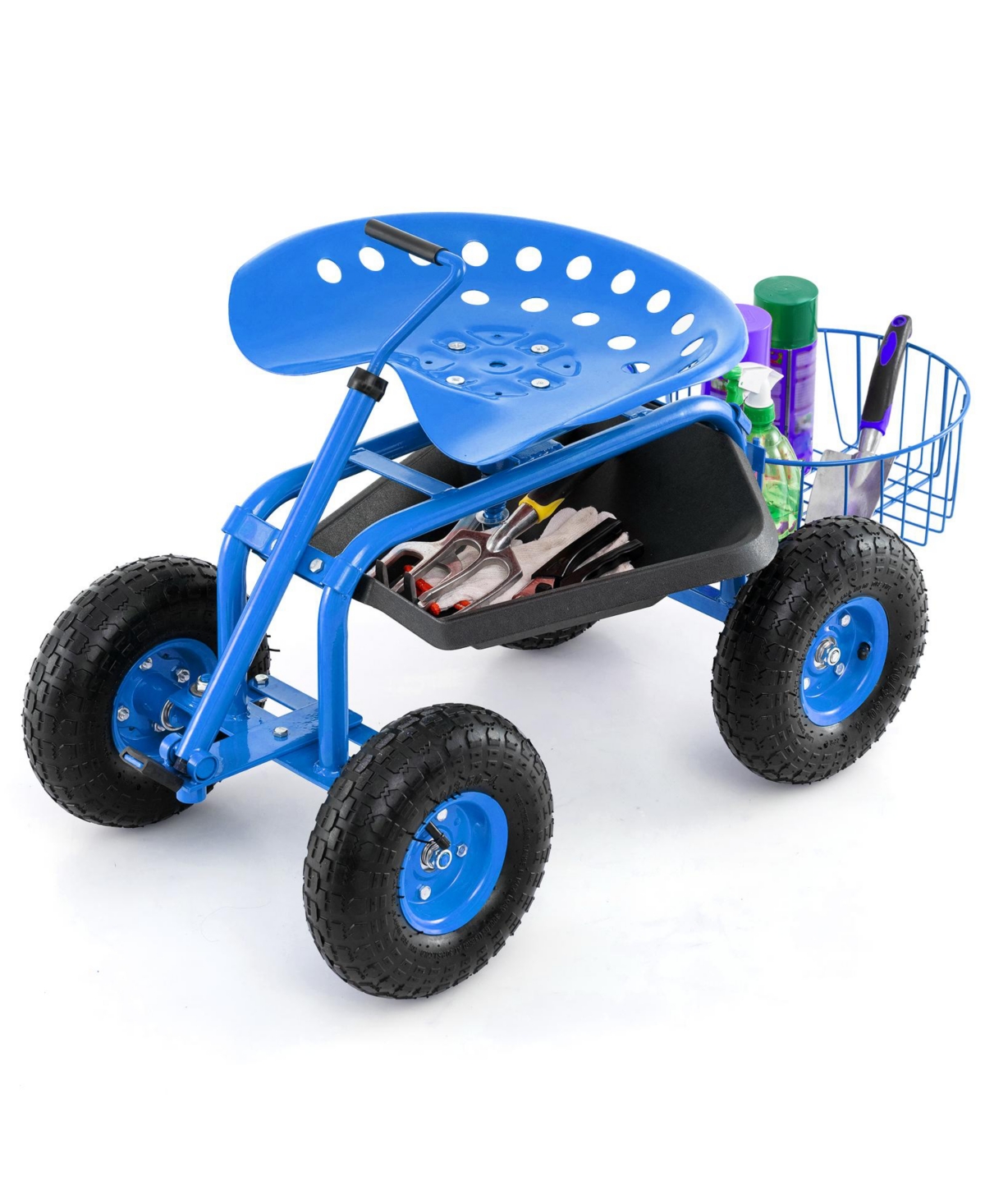 Extendable Handle Garden Cart Rolling Wagon Scooter-Blue - Blue
