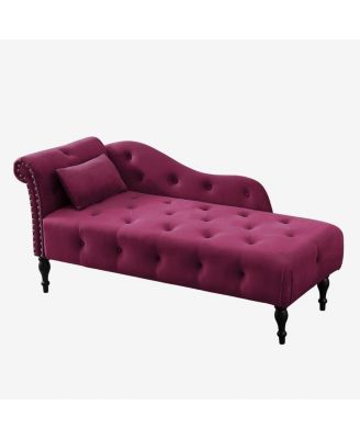 60 Inch Velvet Tufted Chaise Lounge with Nailhead Trim Solid Wood Legs and Pillow for Living Room Bedroom Reading or Relaxing