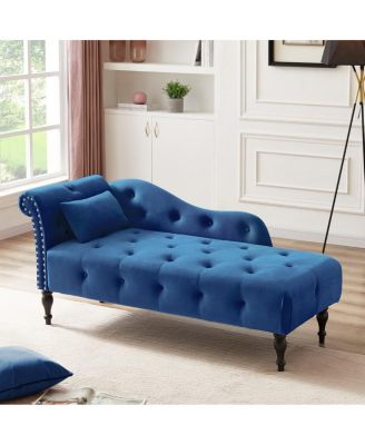 60 Inch Velvet Tufted Chaise Lounge with Nailhead Trim Solid Wood Legs and Pillow for Living Room Bedroom Reading or Relaxing