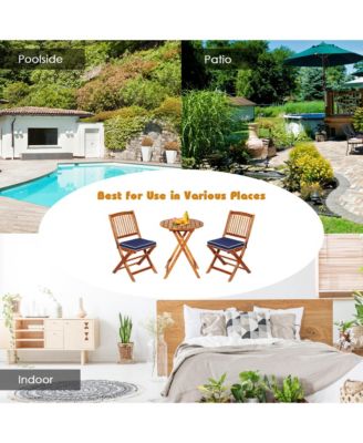 3PCS Folding Patio Conversation Set Acacia Wood Bistro Set w/ Cushions