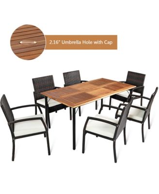 7PCS Patio Dining Furniture Set w/ Wooden Tabletop Cushion Umbrella Hole