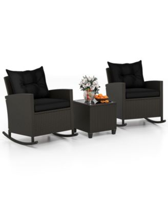 3-Piece Patio Rattan Roker Chairs with Tempered Glass Table and Soft Cushions-Black