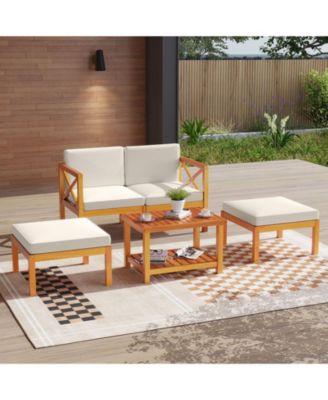 5 Pieces Acacia Wood Patio Lounge Chair Set with Ottomans and Cushions-White