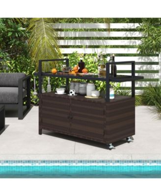 Outdoor Bar Cart Wicker Buffet Serving Cart with Cabinet and 8 Hooks