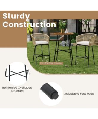 3 Pieces Rope Woven Patio Bar Set with Soft Cushions and Acacia Wood Tabletop