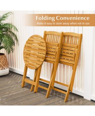 3 Pieces Acacia Wood Patio Folding Bistro Set with Soft Cushions-Beige