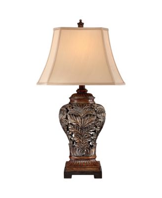 Traditional Table Lamps 32.5" Tall Set of 2 Bronze Curling Leaves Tan Rectangular Shade for Living Room Family Bedroom Bedside