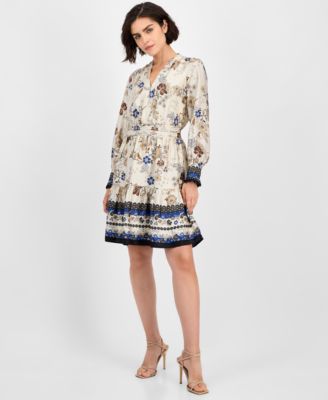 Anne Klein - Women's Printed Long-Sleeve Fit & Flare Dress