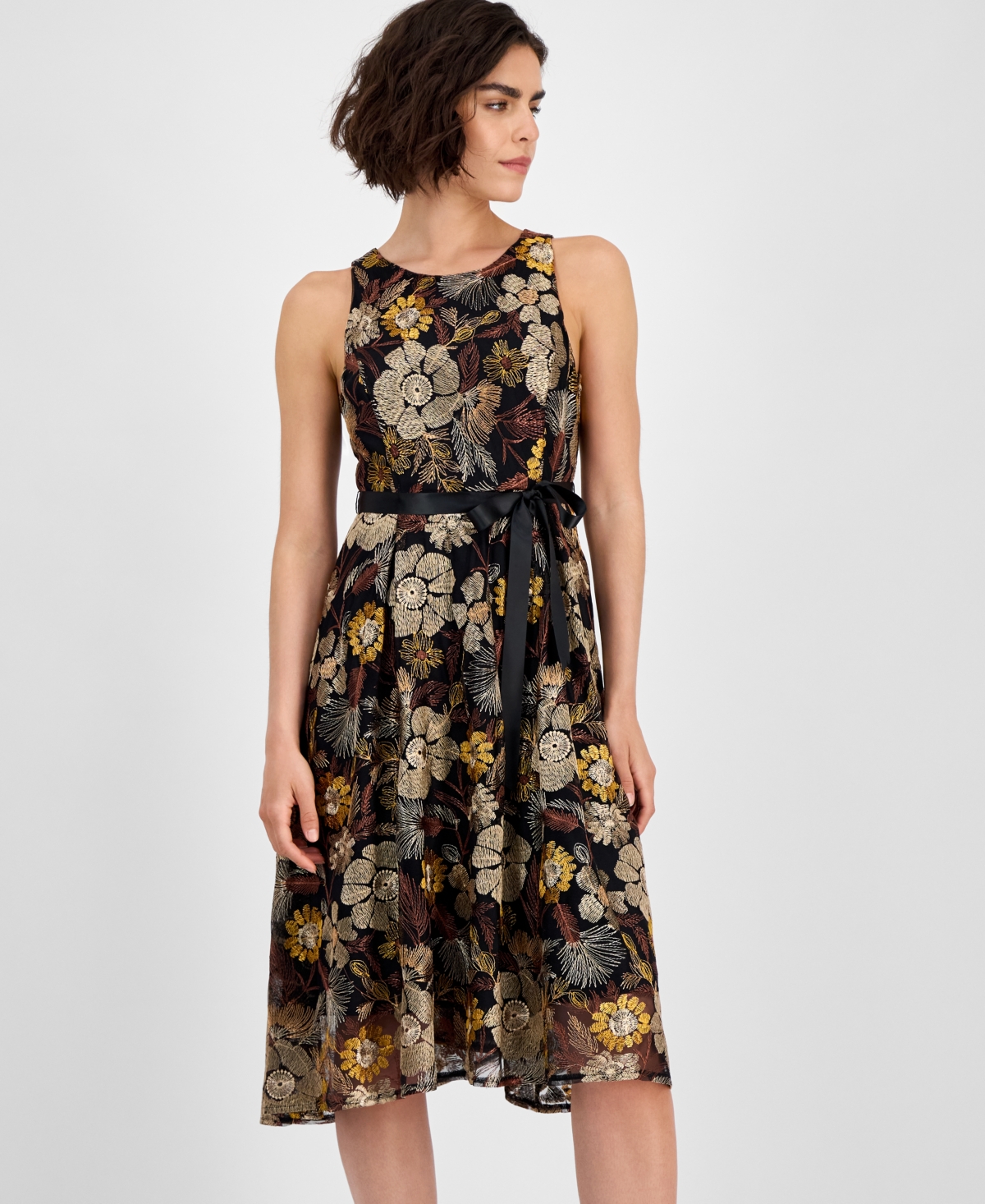 Tahari Asl Embroidered Tie Waist Sleeveless Midi Dress In Black