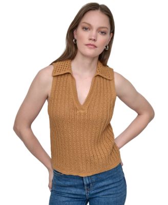 Women's Lacey Stitch Collared Sleeveless Sweater