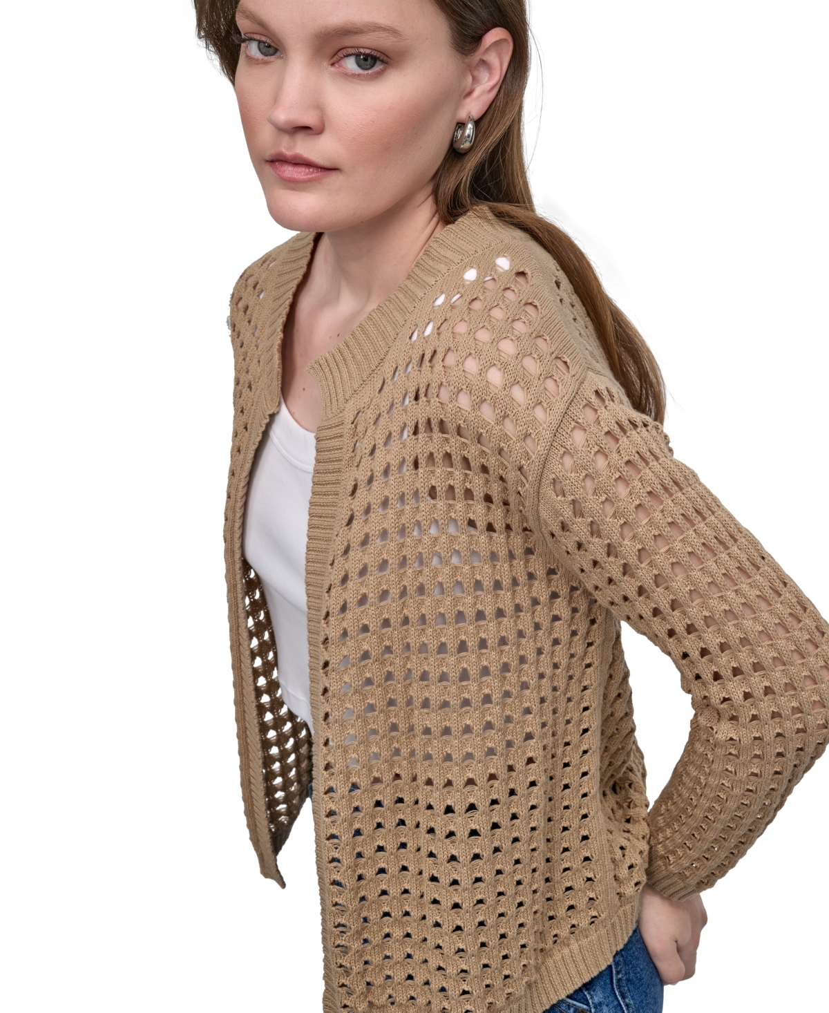 Dkny Jeans Women's Open-stitch Drop-shoulder Cardigan Sweater In Brown