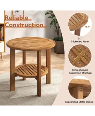Outdoor Teak Wood Round Side Table Patio End Table with Slatted Storage Shelf