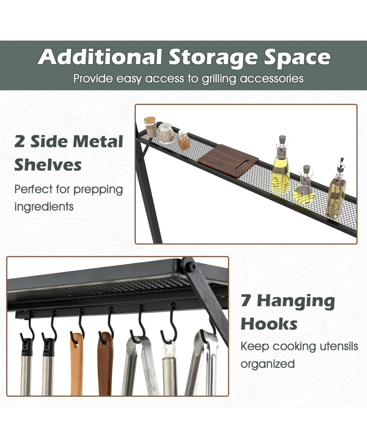 Outdoor Double-Tiered Grill Gazebo Canopy with 2 Shelves and 7 Hooks