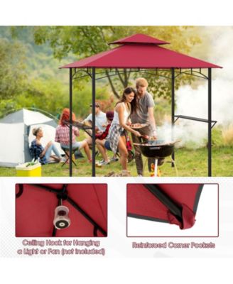 Outdoor Double-Tiered Grill Gazebo Canopy with 2 Shelves and 7 Hooks-Red