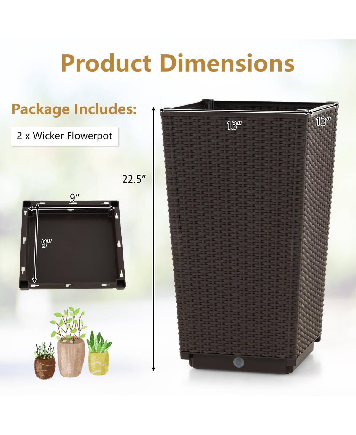 Outdoor Wicker Flower Pot Set of 2 with Drainage Hole for Porch Balcony-Brown