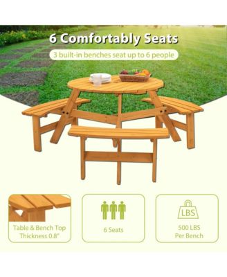 6-Person Natural Circular Wood Outdoor Picnic Table Seats 6 People with 3 Built-in Benches and Umbrella Hole