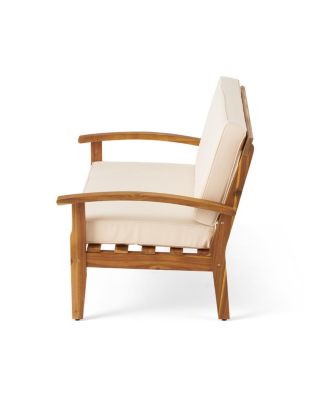 2 Pieces Acacia Wood Outdoor Loveseat with Coffee Table and Beige Cushions for Patio Backyard