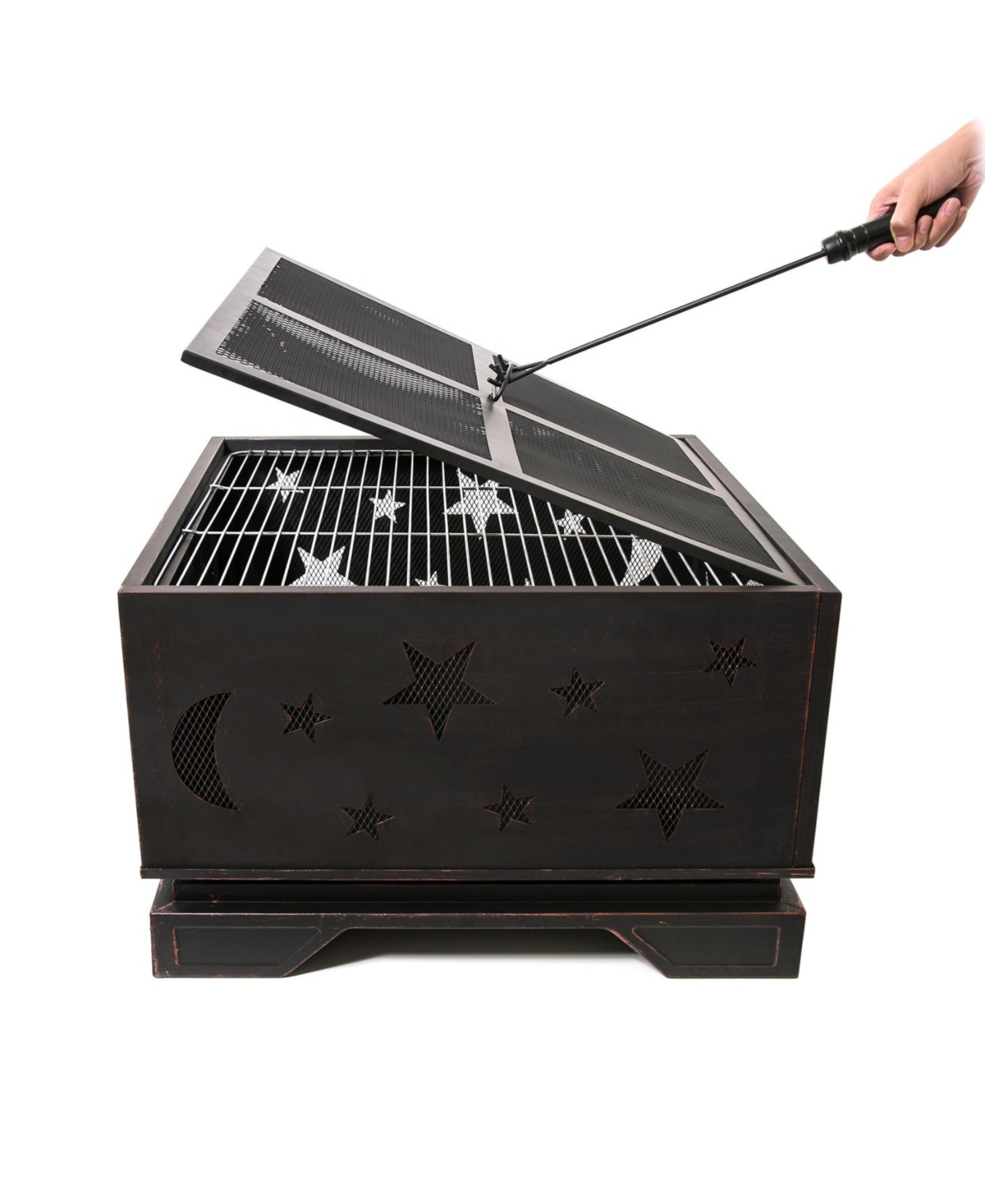 26 in.Outdoor Square Wood-Burning Fire Pit Table with Grill and Poker, Large Burning Space Fireplace for Picnic Bonfires