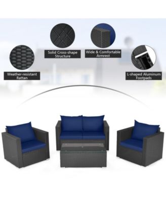 4 Pieces Patio Rattan Conversation Set with Padded Cushions