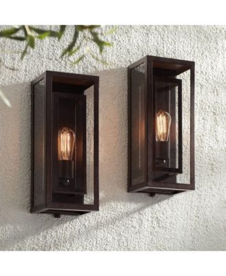 Rustic Industrial Farmhouse Outdoor Wall Light Fixtures Set of 2 Bronze 15 1/2" Clear Glass for Exterior Barn Deck House Porch