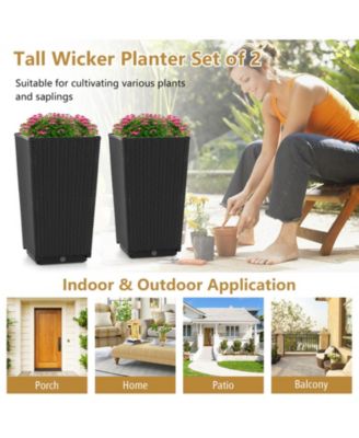 Set of 2 Outdoor Wicker Flower Pot with Drainage Hole for Porch Balcony