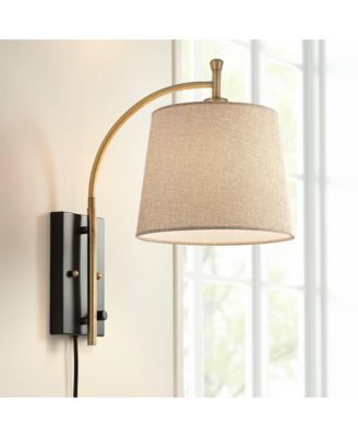 Chester Modern Swing Arm Wall Lamp Brass Black Plug-in Light Fixture Tan Drum Shade for Bedroom Bedside Living Room Reading Home House