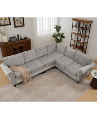Streamdale 109.5" Light Gray Chenille Sectional Sofa, Rivets & Rolled Arms